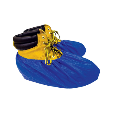 Boxed dispenser and sample ShuBee waterproof dark blue shoe covers showing textured Tough Tread® surface and elastic opening.