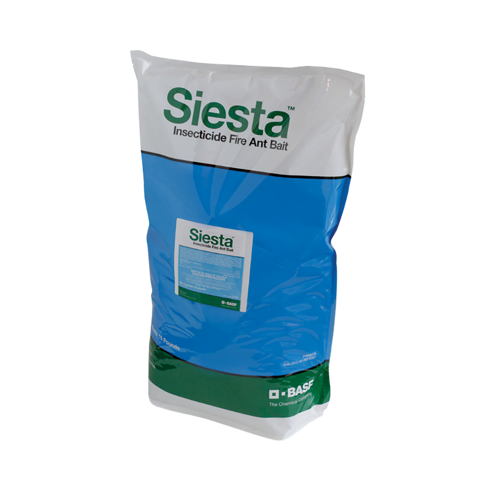 15 lb bag of Siesta Insecticide Fire Ant Bait showing the product packaging and label artwork for granular fire ant control.