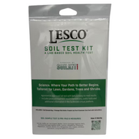 LESCO SoilKit365 kit box with sample bags, collection trowel, prepaid mailer and printed mail-in instructions for laboratory analysis.