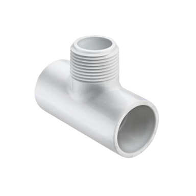 White Schedule 40 PVC tee, 1 in., socket x socket x MIPT; product photo showing socket inlets and the male-threaded outlet on a white background.