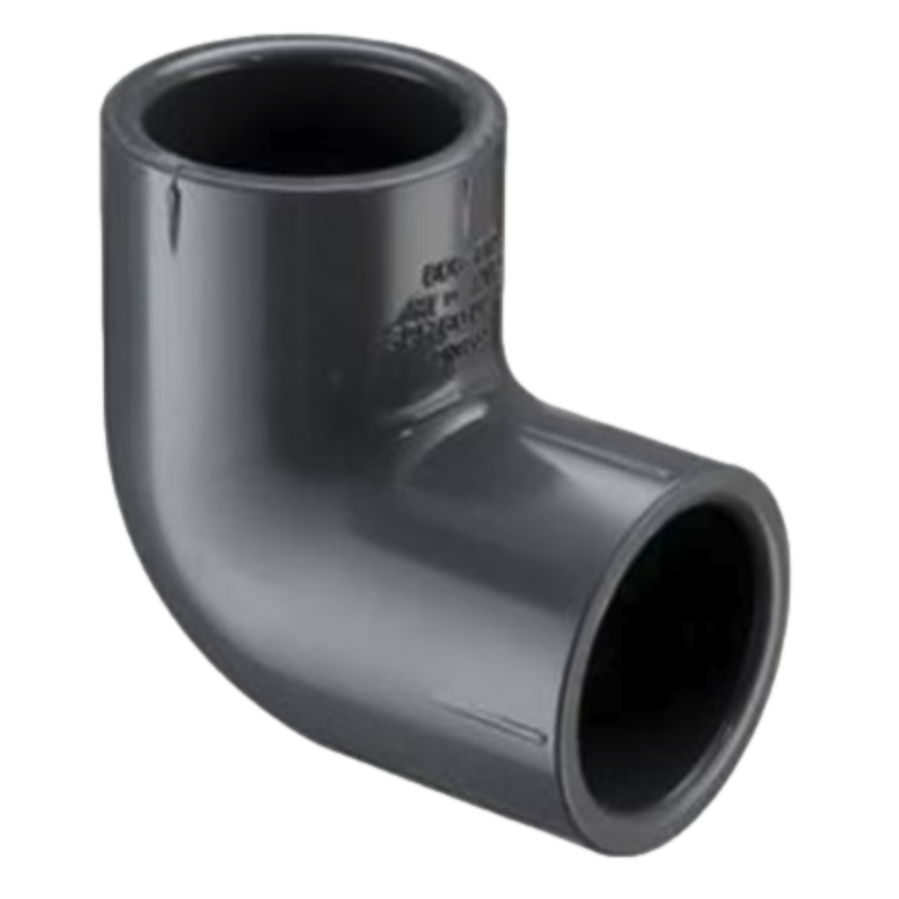 Gray SPEARS Schedule 80 PVC 90-degree socket elbow (4 in), front-angle view showing both socket openings on white background, product detail visible.