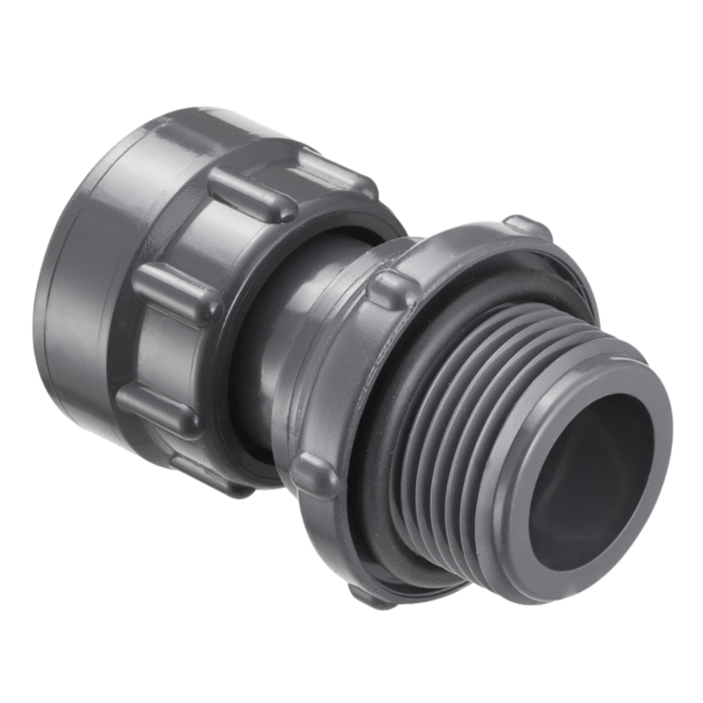 SPEARS MA2907-010 1-inch PVC swivel manifold coupling showing male pipe thread and O-ring seal on white background.