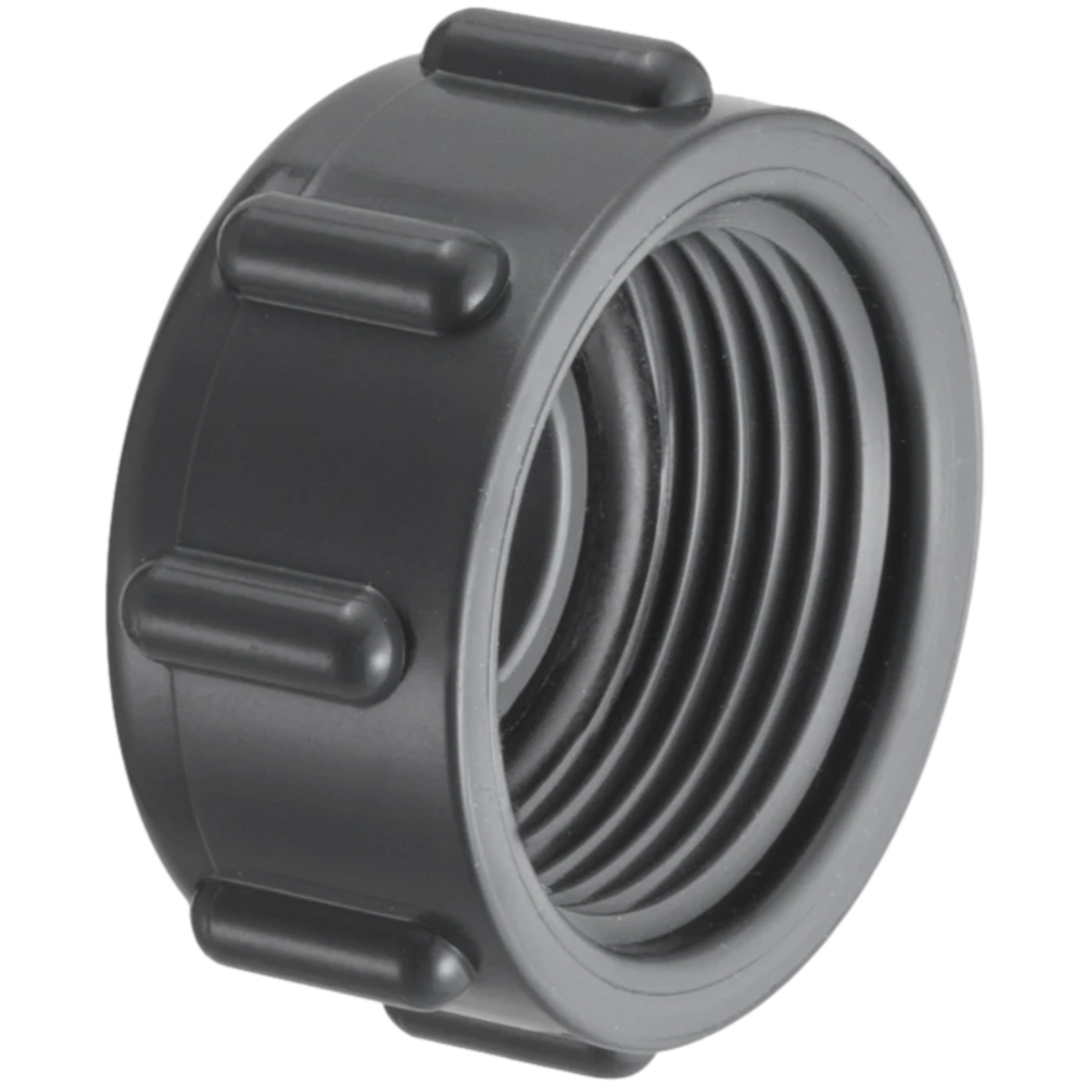 White PVC 1-inch manifold cap with female pipe threads and integrated O-ring; front view showing sealing surface.