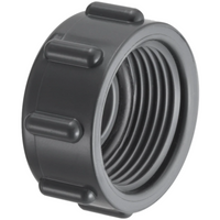 White PVC 1-inch manifold cap with female pipe threads and integrated O-ring; front view showing sealing surface.