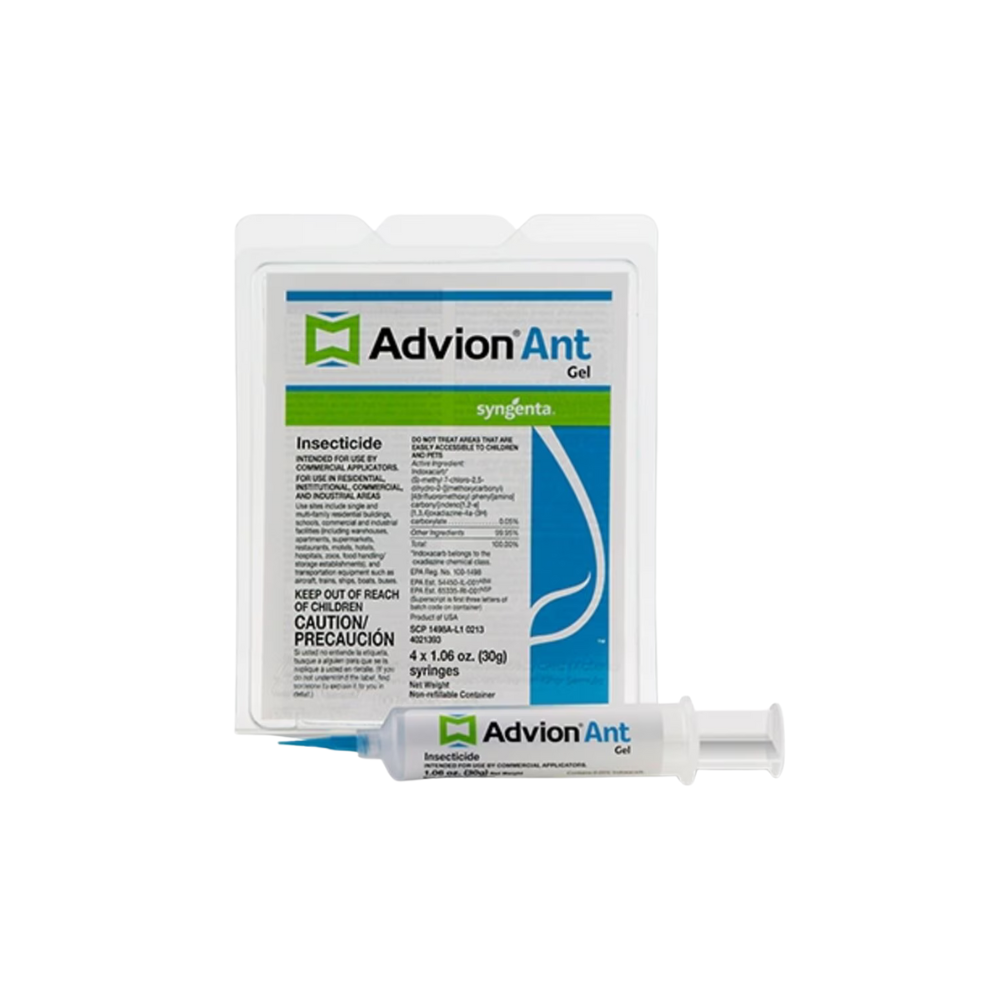 Syngenta Advion Ant Gel Bait pack of four 30 g syringe tubes shown on white background, translucent odorless gel visible.