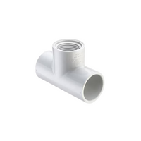 White Schedule 40 PVC combination tee (Slip x Slip x FIPT) showing two solvent-weld sockets and one threaded female iron pipe thread connection.