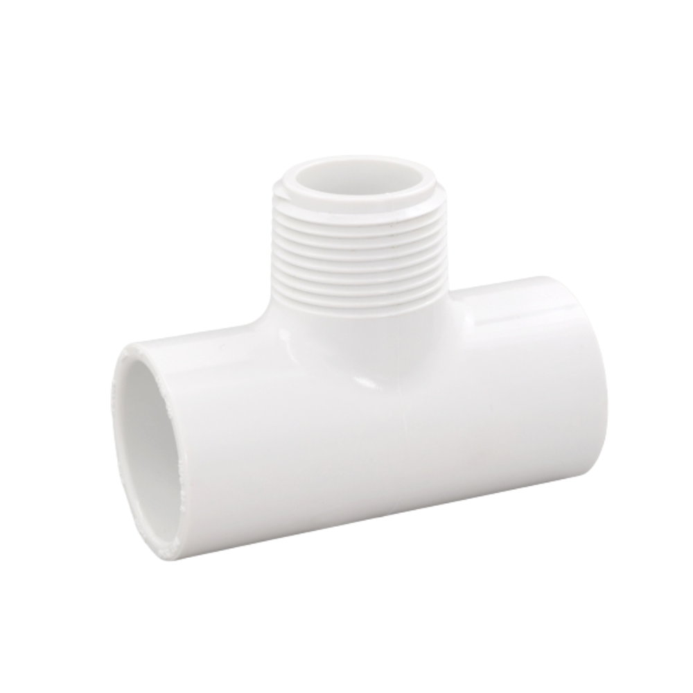 Sch 40 PVC tee (Socket x Socket x MIPT), 1 in. fitting profile visible; smooth socket surfaces and threaded branch shown against a white background.