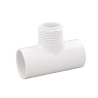Sch 40 PVC tee (Socket x Socket x MIPT), 1 in. fitting profile visible; smooth socket surfaces and threaded branch shown against a white background.