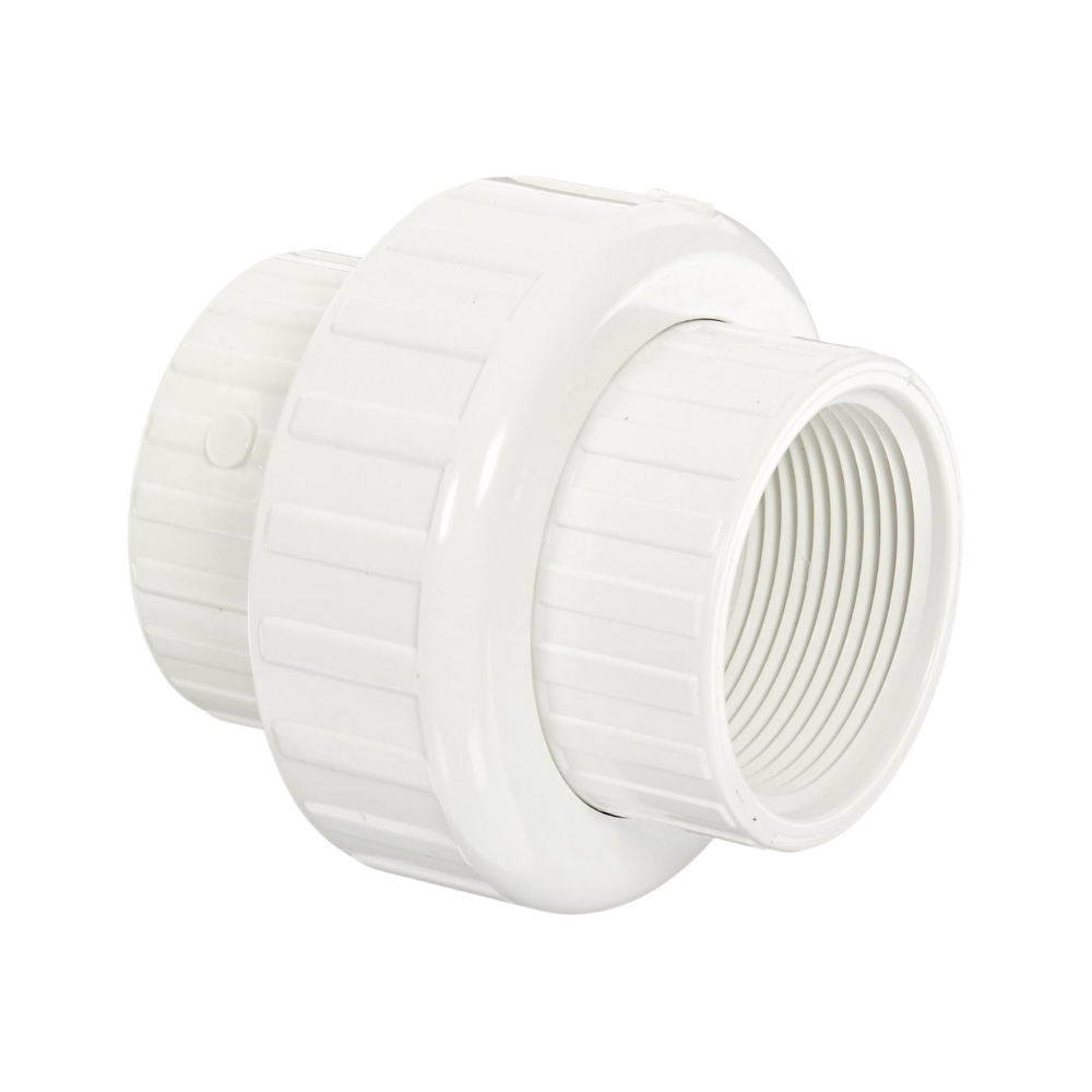 Graphic illustration of a white Schedule 40 PVC union (FIPT x FIPT) showing the nut, threaded female ports, and Buna-N O-ring seal.