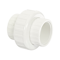 Graphic illustration of a white Schedule 40 PVC union (FIPT x FIPT) showing the nut, threaded female ports, and Buna-N O-ring seal.