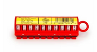 3M ScotchCode STD wire marker tape dispenser, red plastic case showing ten refill compartments and end loop for belt attachment.