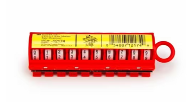 3M ScotchCode STD wire marker tape dispenser, red plastic case showing ten refill compartments and end loop for belt attachment.