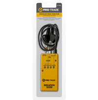 Close-up screenshot of Pro-Trade PT-TES1 irrigation tester controls and insulation-piercing clip connection details.