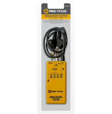 Close-up screenshot of Pro-Trade PT-TES1 irrigation tester controls and insulation-piercing clip connection details.