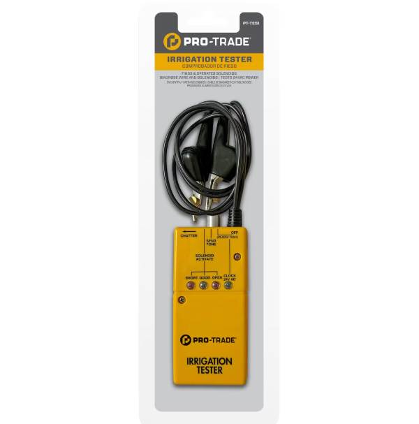 Close-up screenshot of Pro-Trade PT-TES1 irrigation tester controls and insulation-piercing clip connection details.
