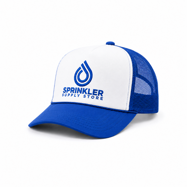 blue sprinkler supply store mesh trucker hat