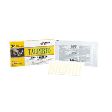 Product image: Talpirid MO7150 mole bait 2-pack box showing amber worm-shaped baits and product labeling on white background.