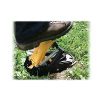 Side angle of Talpirid MT4150 mole trap highlighting curved scoop jaws, dual springs and the low-profile glass-filled nylon body, studio lighting