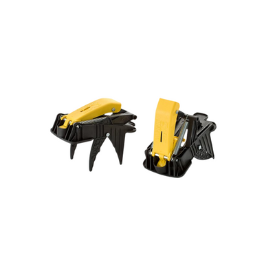Top view of Talpirid MT4150 mole trap showing yellow hands-free foot pedal, dual springs and curved jaws on a glass-filled nylon body, white background