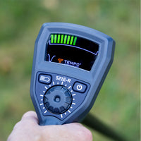 Tempo 521E transmitter connected to test leads and ground stake, illustrating proper hookup, lead configuration and relative size on a jobsite.