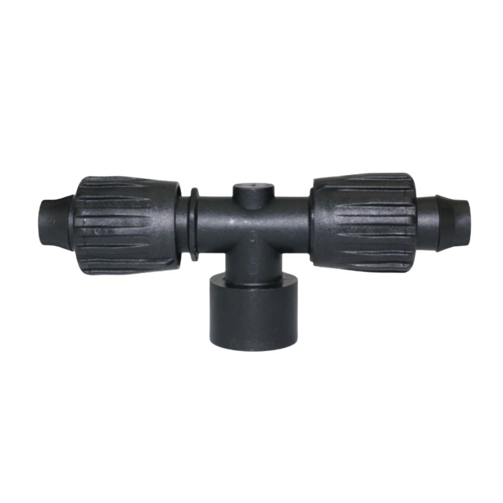 Toro Tri-Loc TL-T-F50 1/2 in. FPT adapter tee for 16-18 mm dripline showing threaded inlet and barbed outlets.
