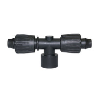 Toro Tri-Loc TL-T-F50 1/2 in. FPT adapter tee for 16-18 mm dripline showing threaded inlet and barbed outlets.
