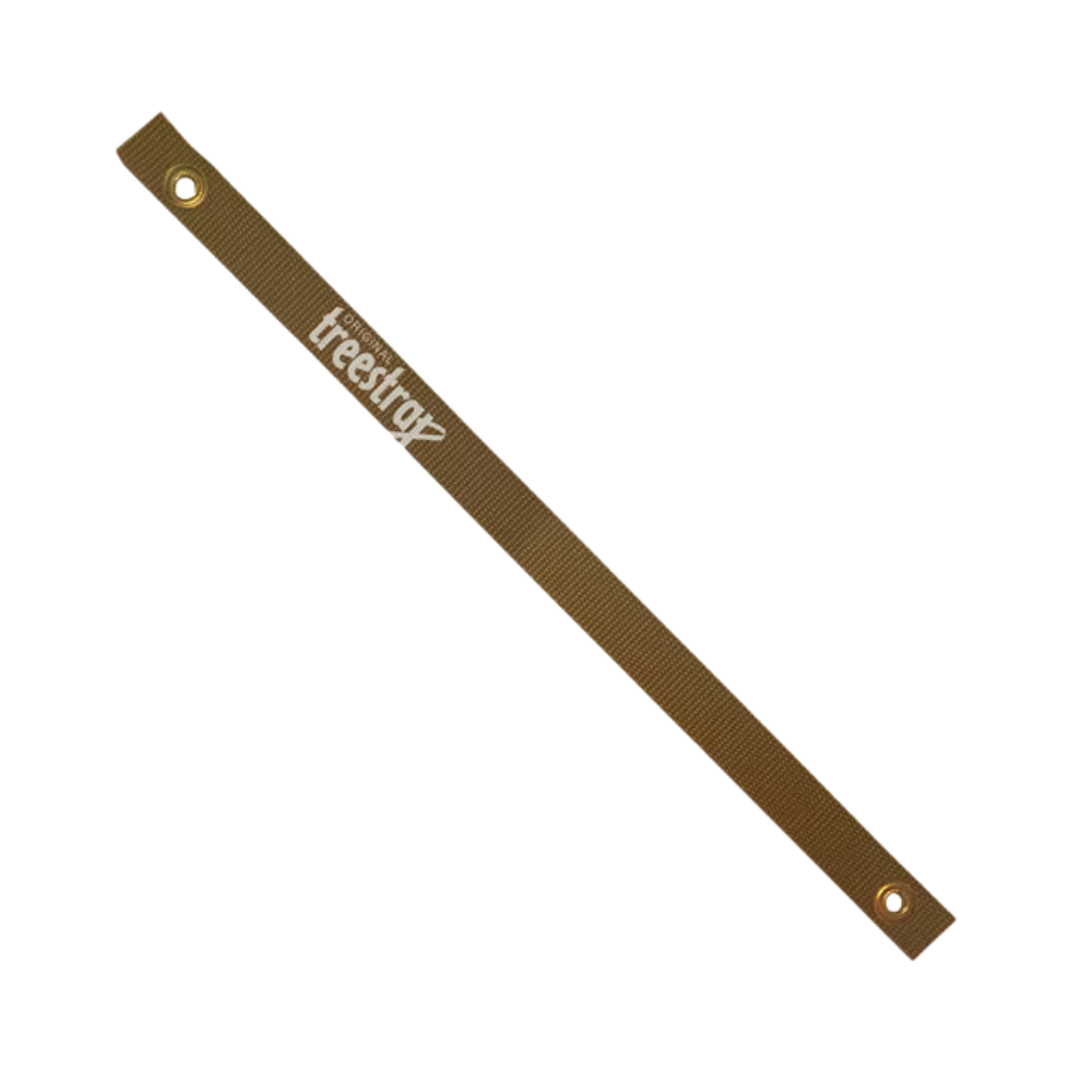 Beige Treestrap polypropylene tree strap 12 in x 1 in shown flat with two #1 brass grommets on a white background, woven texture visible.
