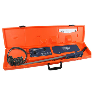 Tempo 521A wire and valve locator kit showing transmitter, receiver, headphones, ground stake and slim carry case, front view