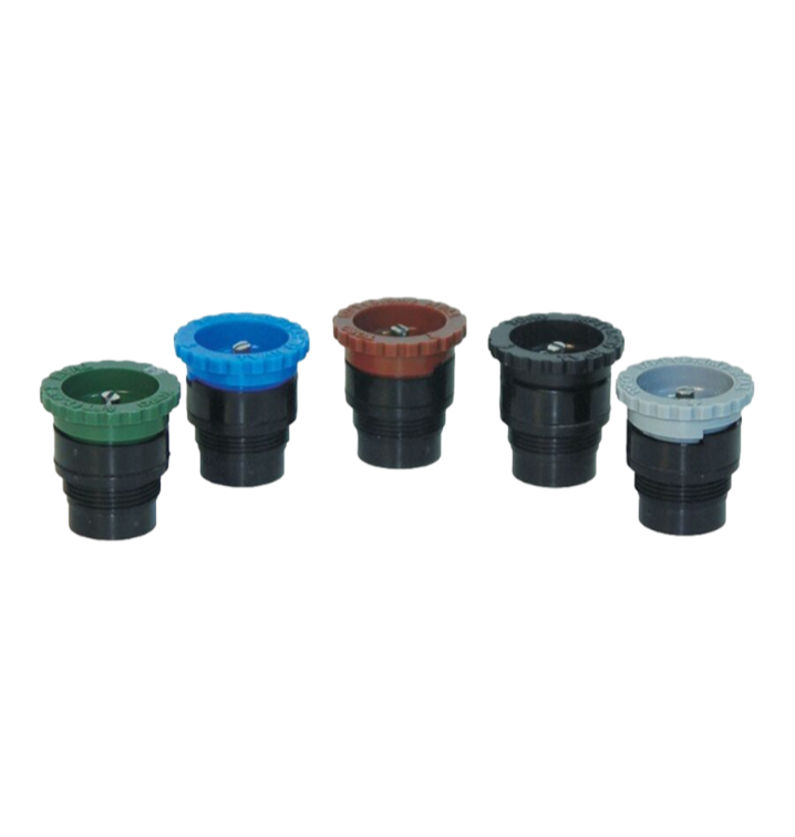 Product image showing Toro TVAN Variable Arc Nozzles assortment and color‑coded tops for 8–17 ft radii, on white background, angled view.
