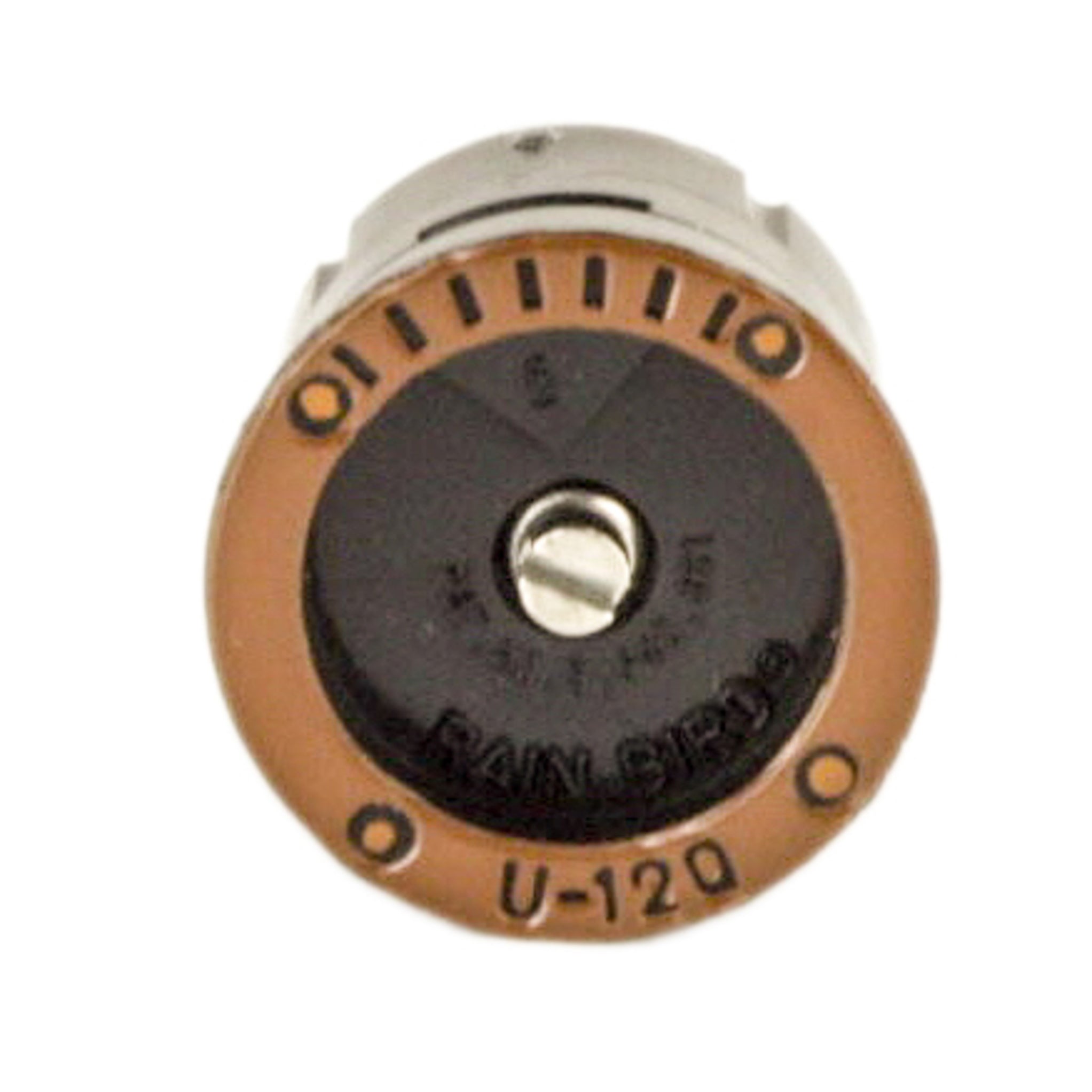Close-up of Rain Bird U12Q quarter-circle nozzle showing color-coded top, engraved radius marking, and molded spray-opening geometry for accuracy.