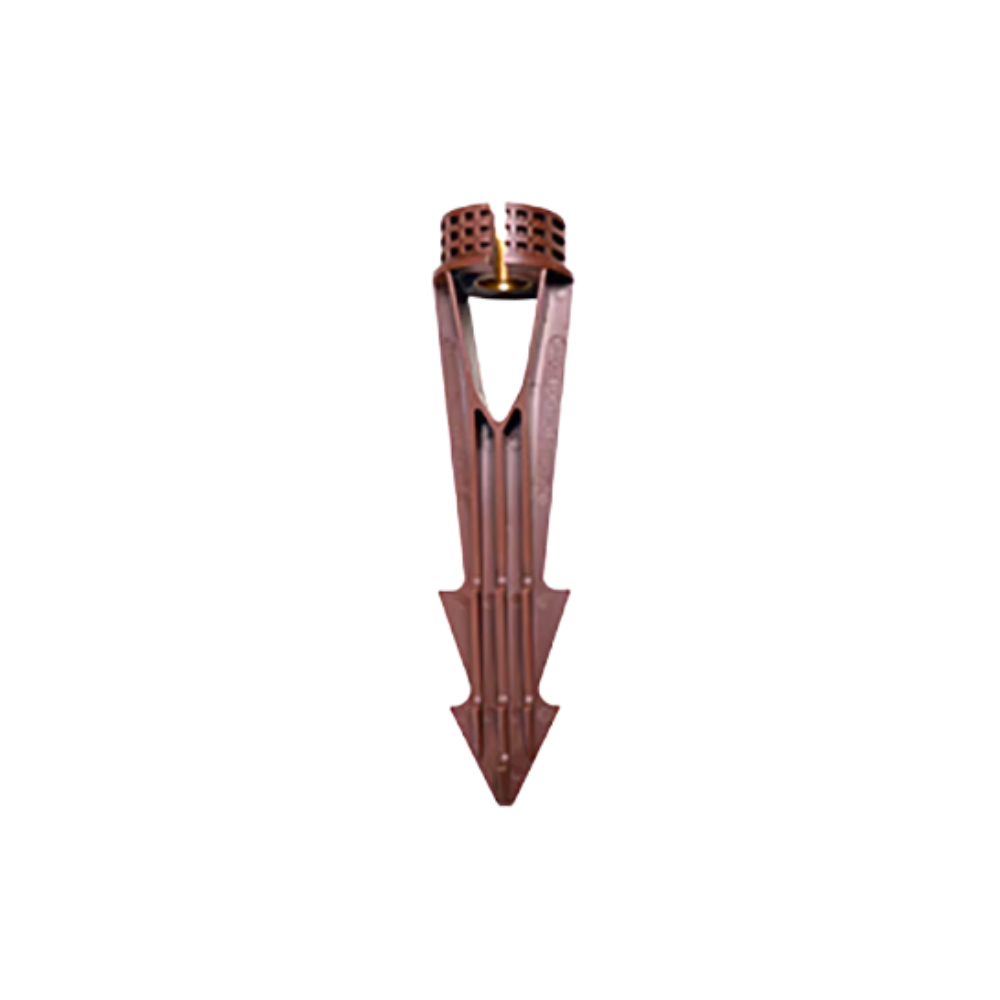 Brown PVC stabilizer stake with brass slotted metal insert for landscape pathlight mounting on white background.