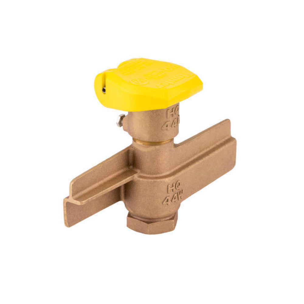 Hunter HQ-44-RCAW quick-coupler valve, 1-inch female inlet with anti-rotation wings and Acme keyway, red-brass finish.