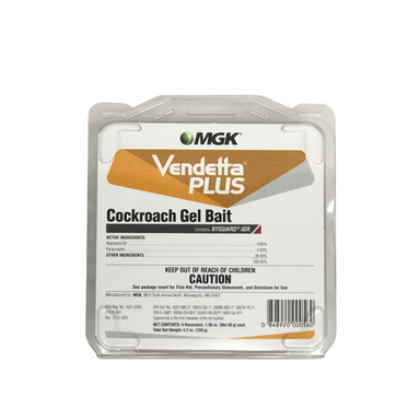 Single 30 g tube of Vendetta Plus Roach Gel displayed horizontally showing tube label, dosing tip and ingredient callouts for technician use.