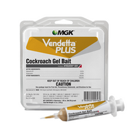 Box of Vendetta Plus cockroach gel bait (4×30 g tubes) with front label visible, showing product name, active ingredients and package artwork.