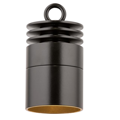 Flat black FX VE3 LED down light with perforated sleeve and integrated LED board, shown with hanging mount and wiring sleeve visible.