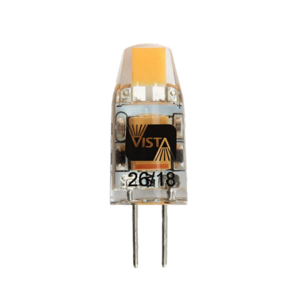 Vista LNT3-1.1-W-GS-LED T3 COB LED lamp with G4 bi-pin base, short profile, warm white 2900K, 1.1W, 100 lumens.