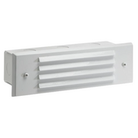 Vista SL-4246 louvered brick light in white finish with integrated G4 LED option, clear polycarbonate lens and low-voltage wiring pigtail.