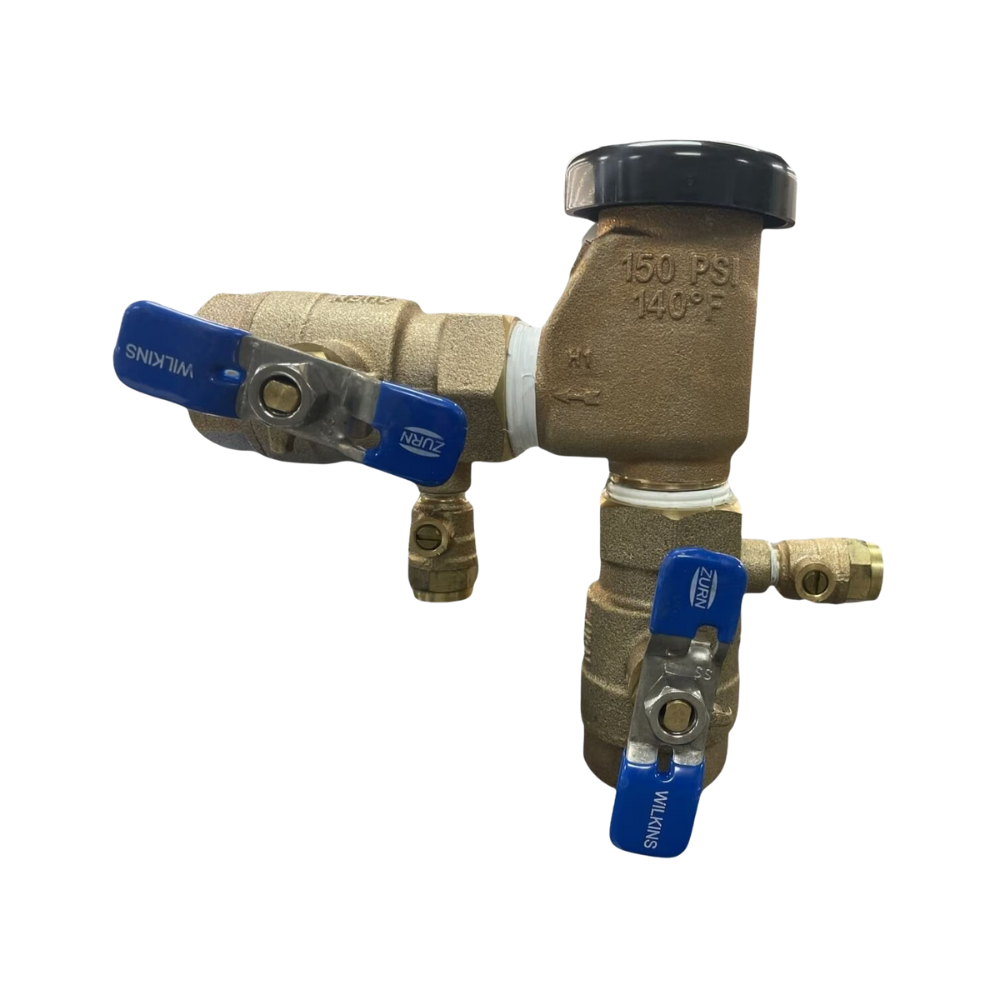 Wilkins 710 1-inch pressure vacuum breaker in bronze, showing integrated ball valve and inlet/outlet connections