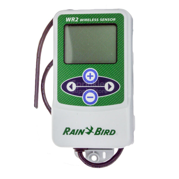 Close-up of Rain Bird WR2FC-48 sensor faceplate and rain-detection chamber, showing detail of the sensor surface and mounting points.