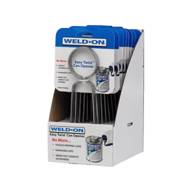 Close-up of Weld-On Easy Twist can opener (14550-IPS) showing the flat-edge handle and serrated gripping rim, suitable for solvent cement cans.