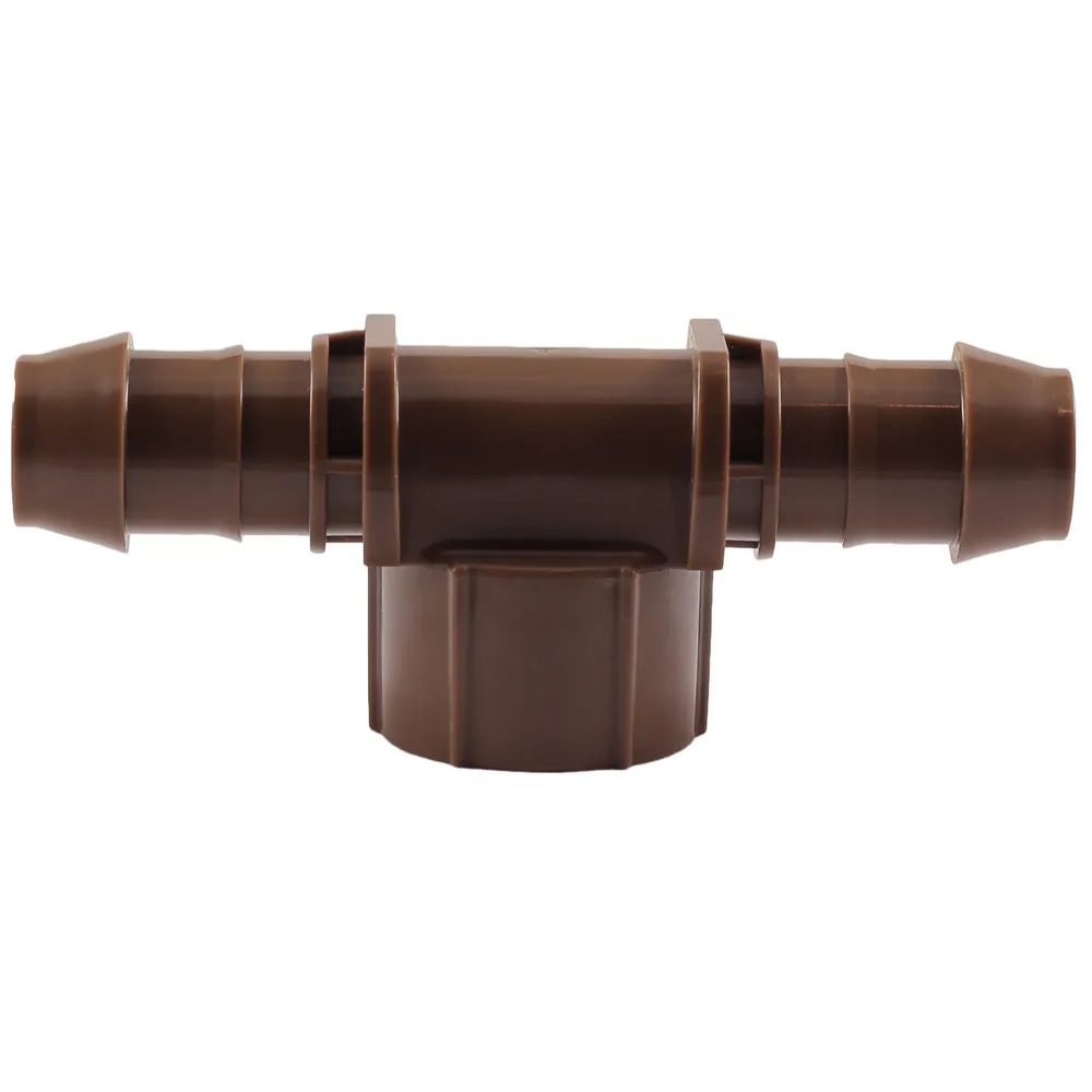 Close-up of the Low Profile XF Tee Female Adapter focusing on the barb detail and threaded inlet; designed for quick, low-force insertion into 17mm dripline.