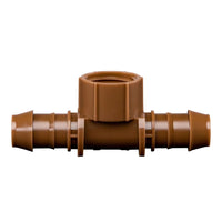 Front view of Rain Bird Low Profile XF Tee Female Adapter showing 17mm barbs and 1/2-inch female thread, tan finish and low-profile design.
