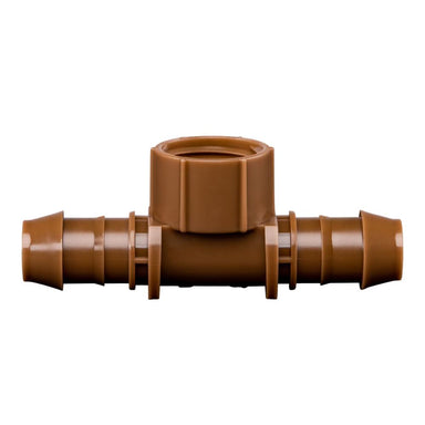 Front view of Rain Bird Low Profile XF Tee Female Adapter showing 17mm barbs and 1/2-inch female thread, tan finish and low-profile design.