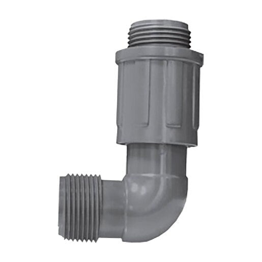 White 1-inch PVC UltraZone manifold elbow (M x valve connection), threaded irrigation fitting shown on white background, 150 PSI rating