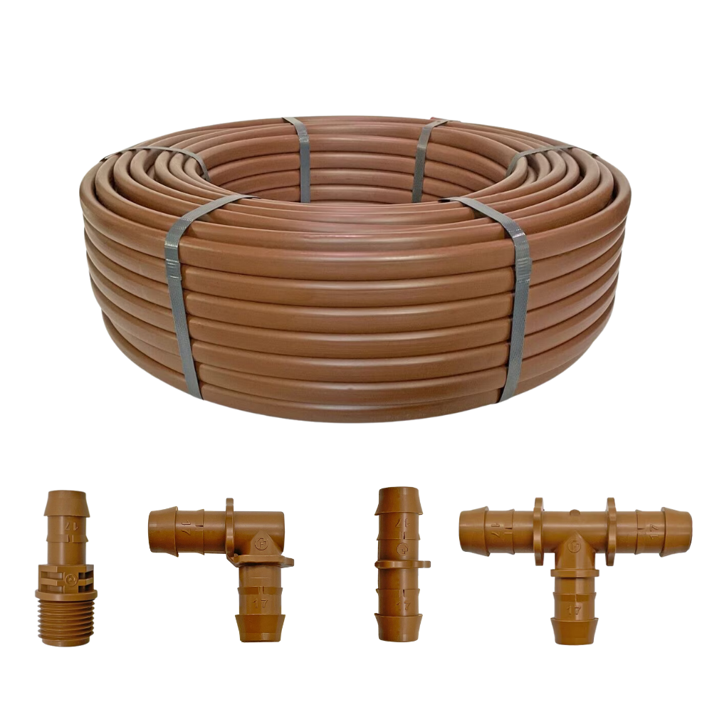 Coiled Pro-Trade 17mm CV dripline with color-coded stripes, self-piercing emitters, fittings, end caps, and sod staples arranged for kit display.