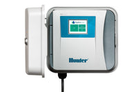Hunter Pro-C Hydrawise HPC-400 4-station Wi‑Fi irrigation controller, plastic wall‑mount cabinet, front view.