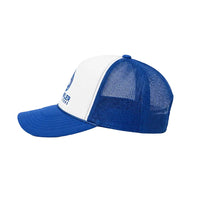Blue and white cap with mesh back on a white background