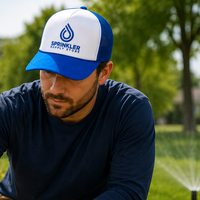 A man in a blue and white cap with a visible sprinkler supply store brand logo, kneeling in a garden with a sprinkler behind.