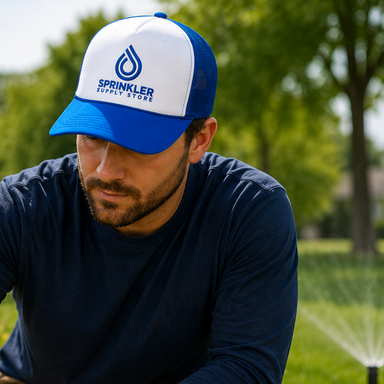 A man in a blue and white cap with a visible sprinkler supply store brand logo, kneeling in a garden with a sprinkler behind.