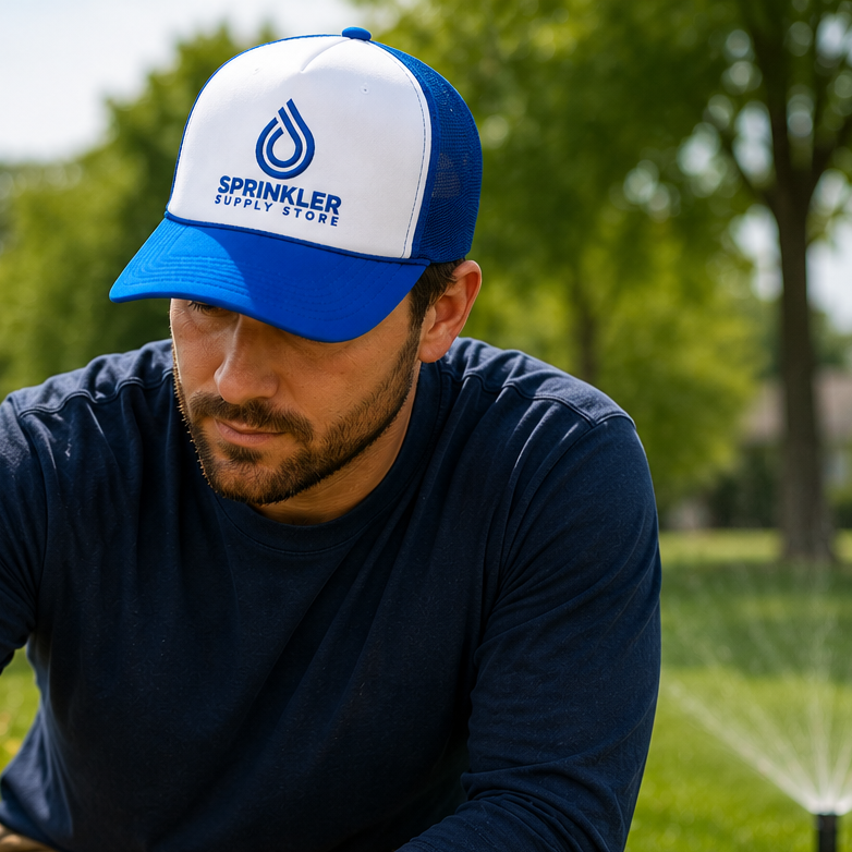 A man in a blue and white cap with a visible sprinkler supply store brand logo, kneeling in a garden with a sprinkler behind.